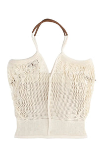 Hereu women’s cotton tote bag in pink with off-white knitted mesh and brown leather handles