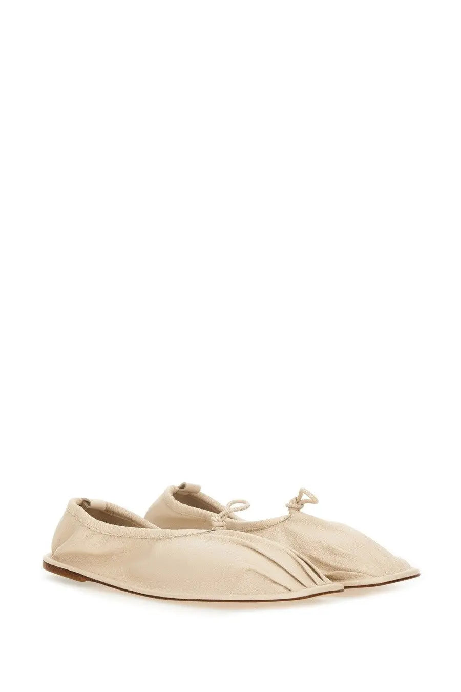Hereu women’s dancer puntera supplement beige leather ballet flats with soft pleated design and delicate bow ties at the toe