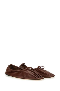 Hereu women’s dancer puntera supplement brown leather ballet flats with soft wrinkled texture and tied front laces