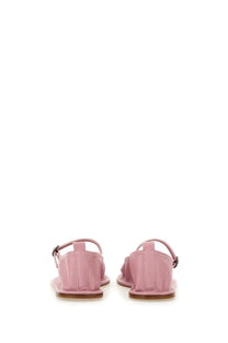 Pink satin flat sandals with thin ankle strap and buckle from hereu womens dansa shoe blue collection