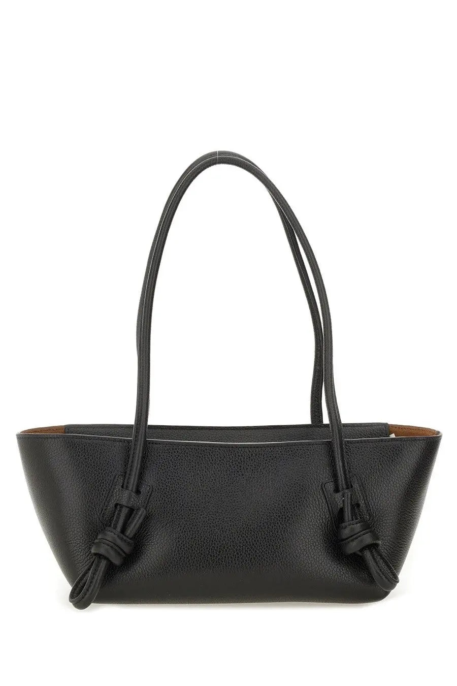 Hereu women’s fleca grainy bag black is a black leather tote with textured surface and knotted strap details