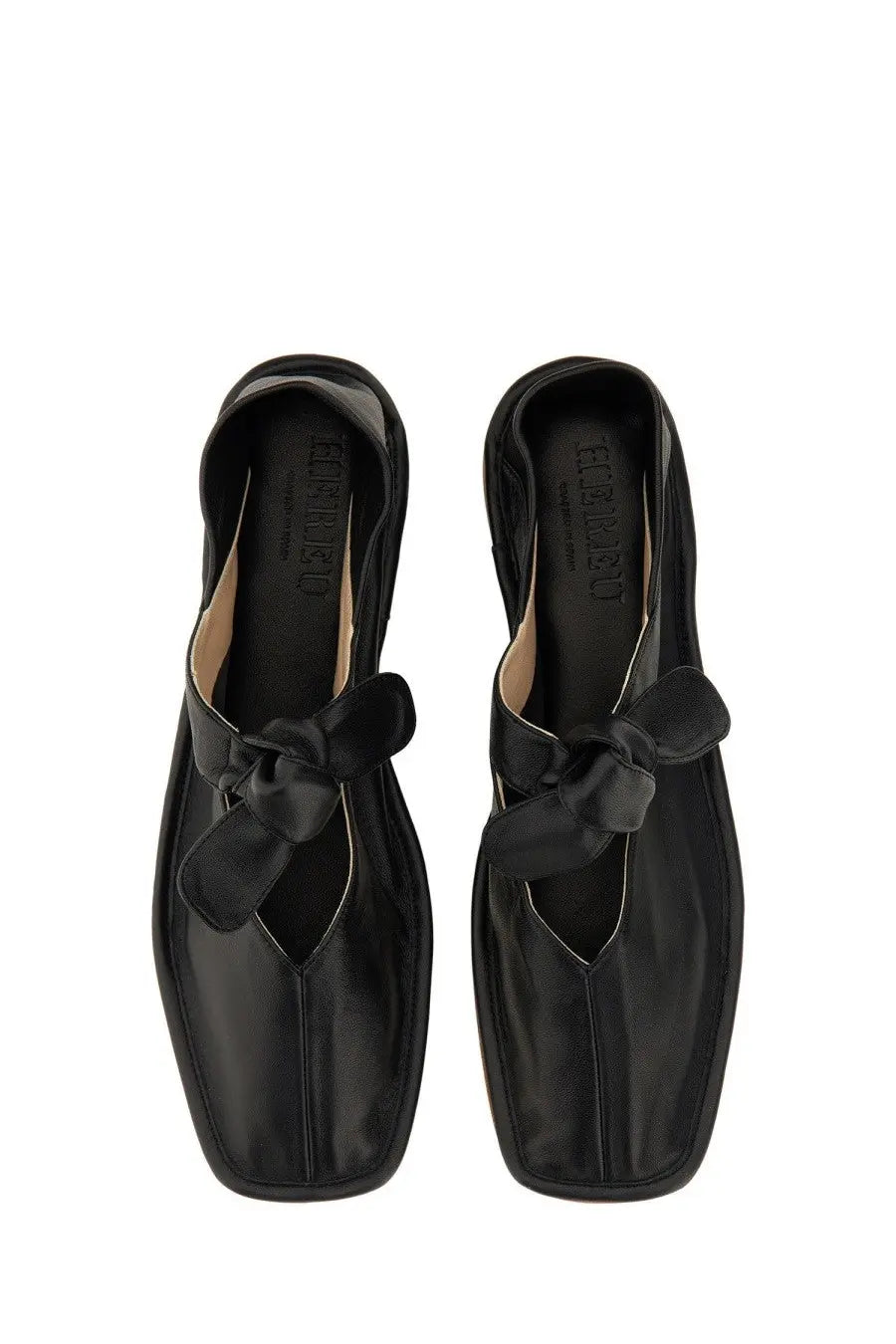 Hereu women’s llasada sandal black patent leather loafers with glossy finish and satin bow at the front