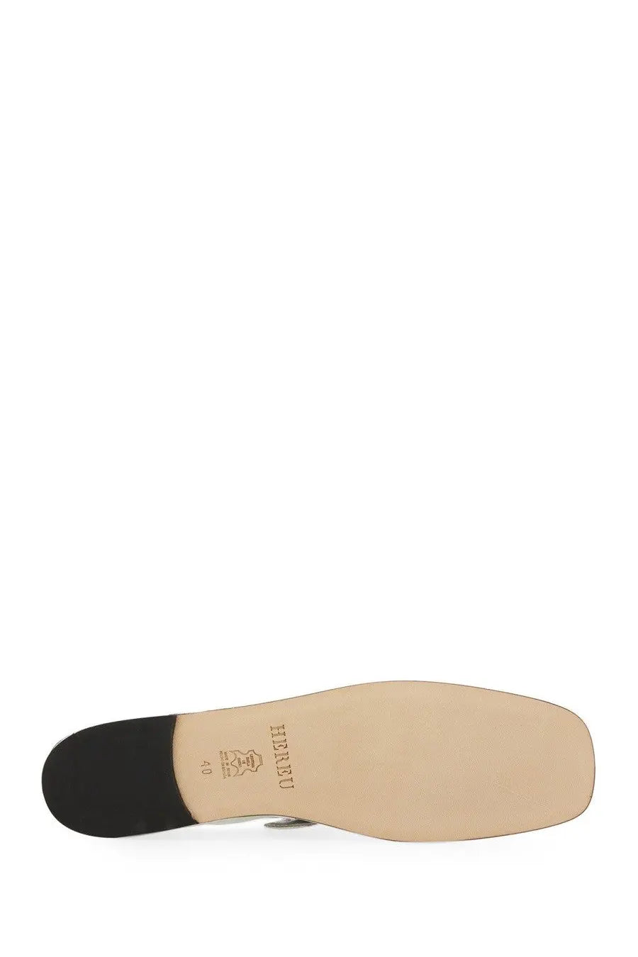 Hereu women’s llasada sandal silver with beige leather sole black rubber heel and herrru branding on the back side