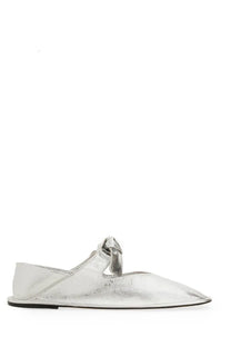 Hereu women’s llasada sandal silver metallic leather slip-on flat shoe with pointed toe and tied bow detail at instep