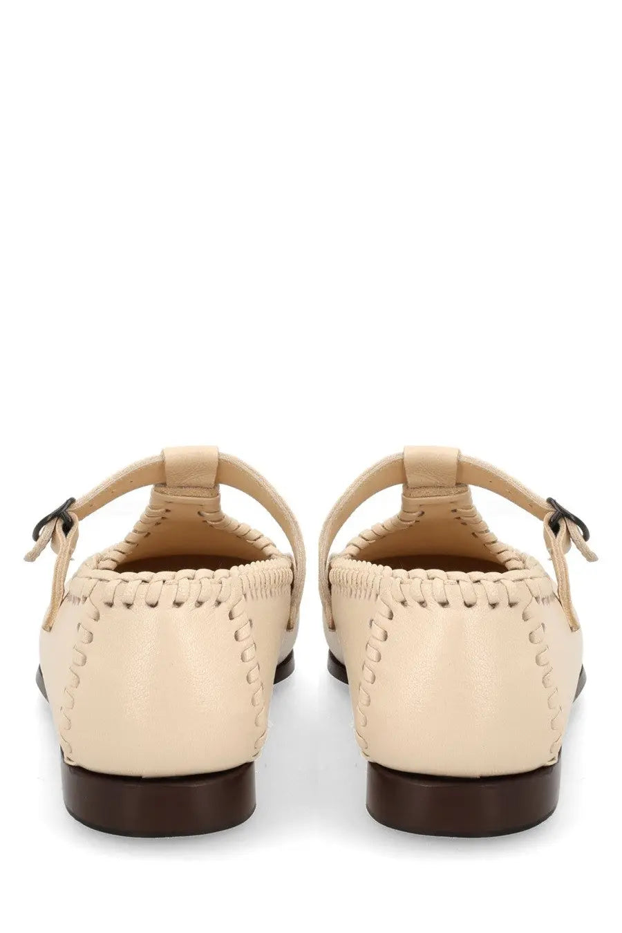 Beige leather mary jane flats with braided detailing and dark brown soles from hereu women’s moccasin alcover white collection