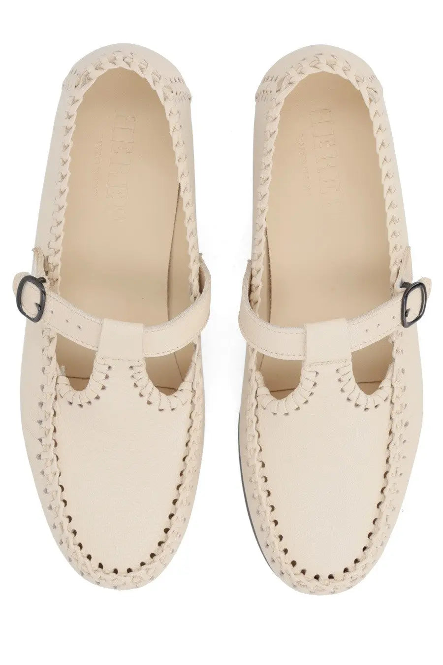 Hereu women’s moccasin alcover white cream leather loafers with braided stitch detail and black buckle accents