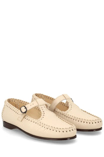 Hereu women’s moccasin alcover white cream-colored leather loafers with t-strap and decorative stitching
