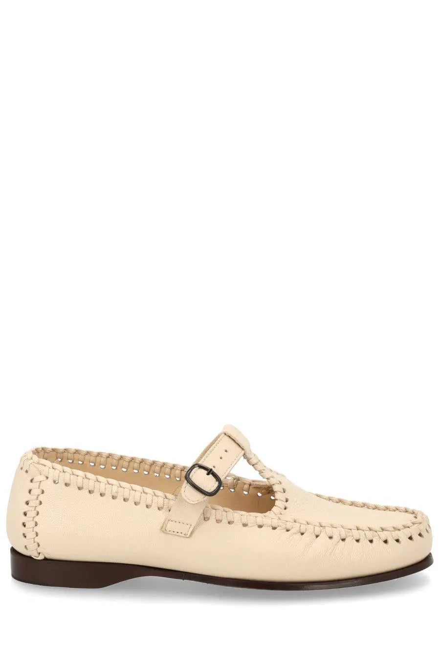 Hereu women’s moccasin alcover white cream leather t-strap buckle with decorative stitching along edges