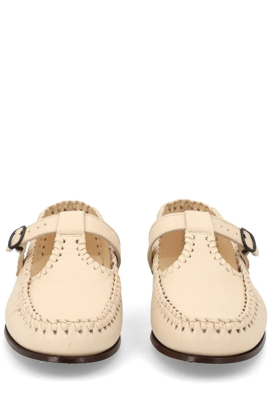 Hereu women’s moccasin alcover white cream leather t-strap moccasins with dark brown soles and decorative stitching