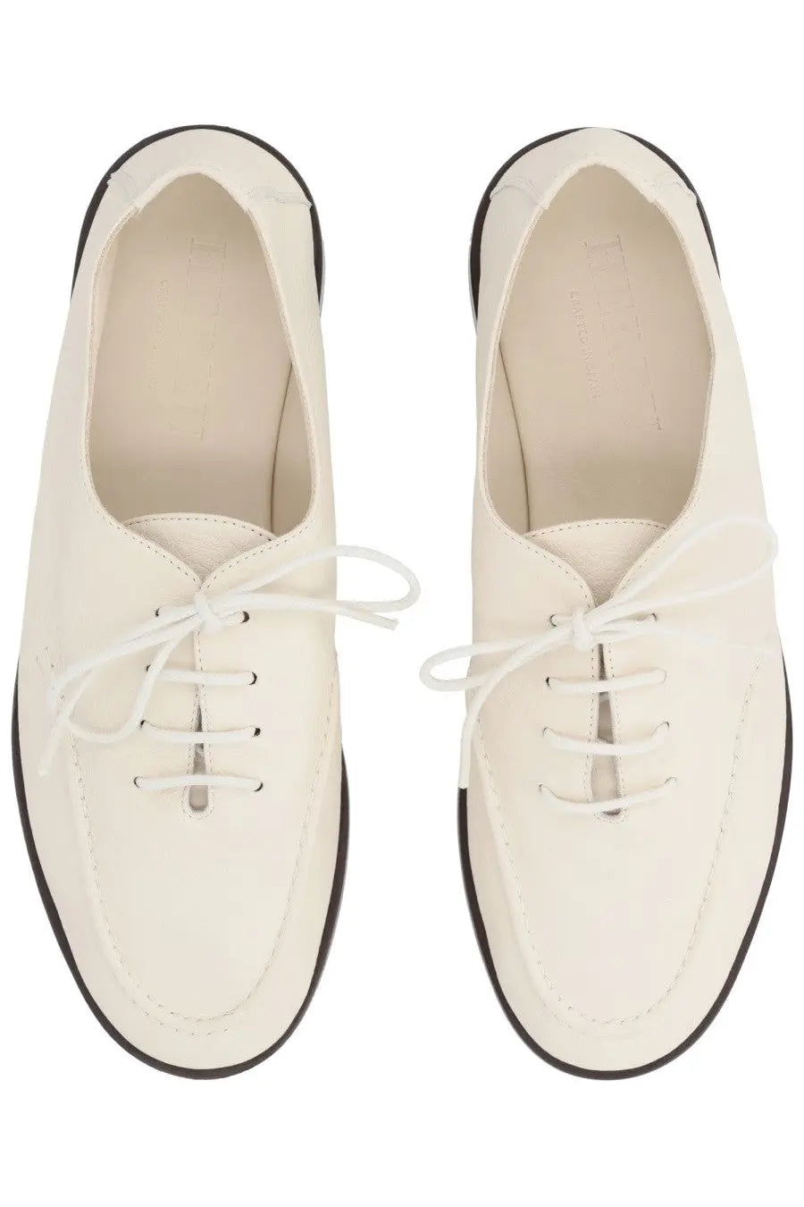 Hereu women’s moccasin Juliol white white leather lace-up oxford shoes with black rubber soles front view