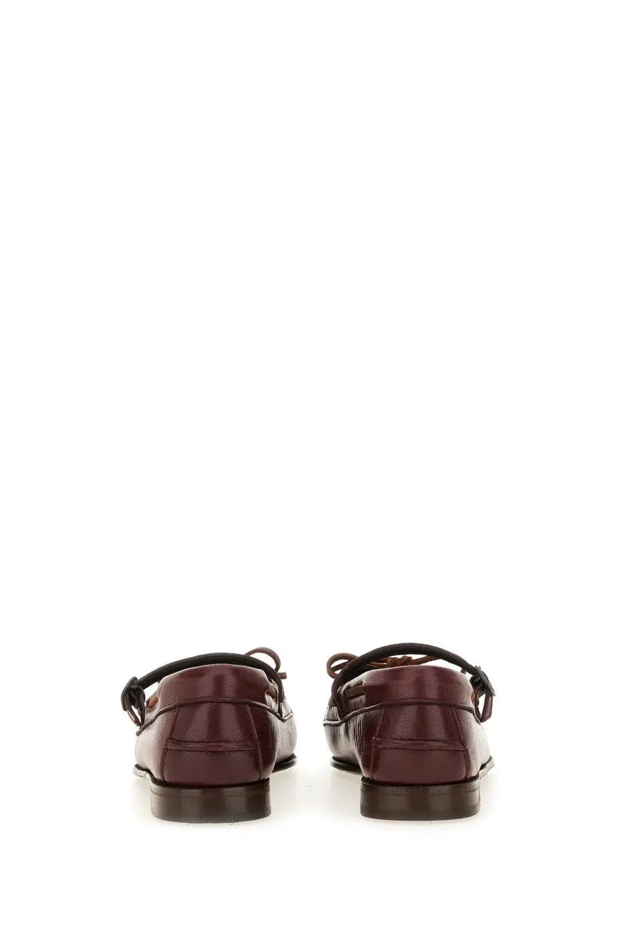 Hereu women’s moccasin Mary Jane Lorea supple shiny red burgundy leather loafers with black laces and minimalist design
