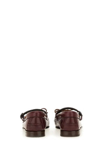 Hereu women’s moccasin Mary Jane Lorea supple shiny red burgundy leather loafers with black laces and minimalist design