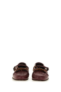Hereu women’s moccasin Mary Jane Lorea supple shiny red leather loafers with brown laces and black buckle details