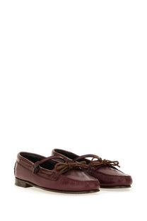 Hereu women’s moccasin Mary Jane Lorea supple shiny red burgundy leather loafers with brown lace bows