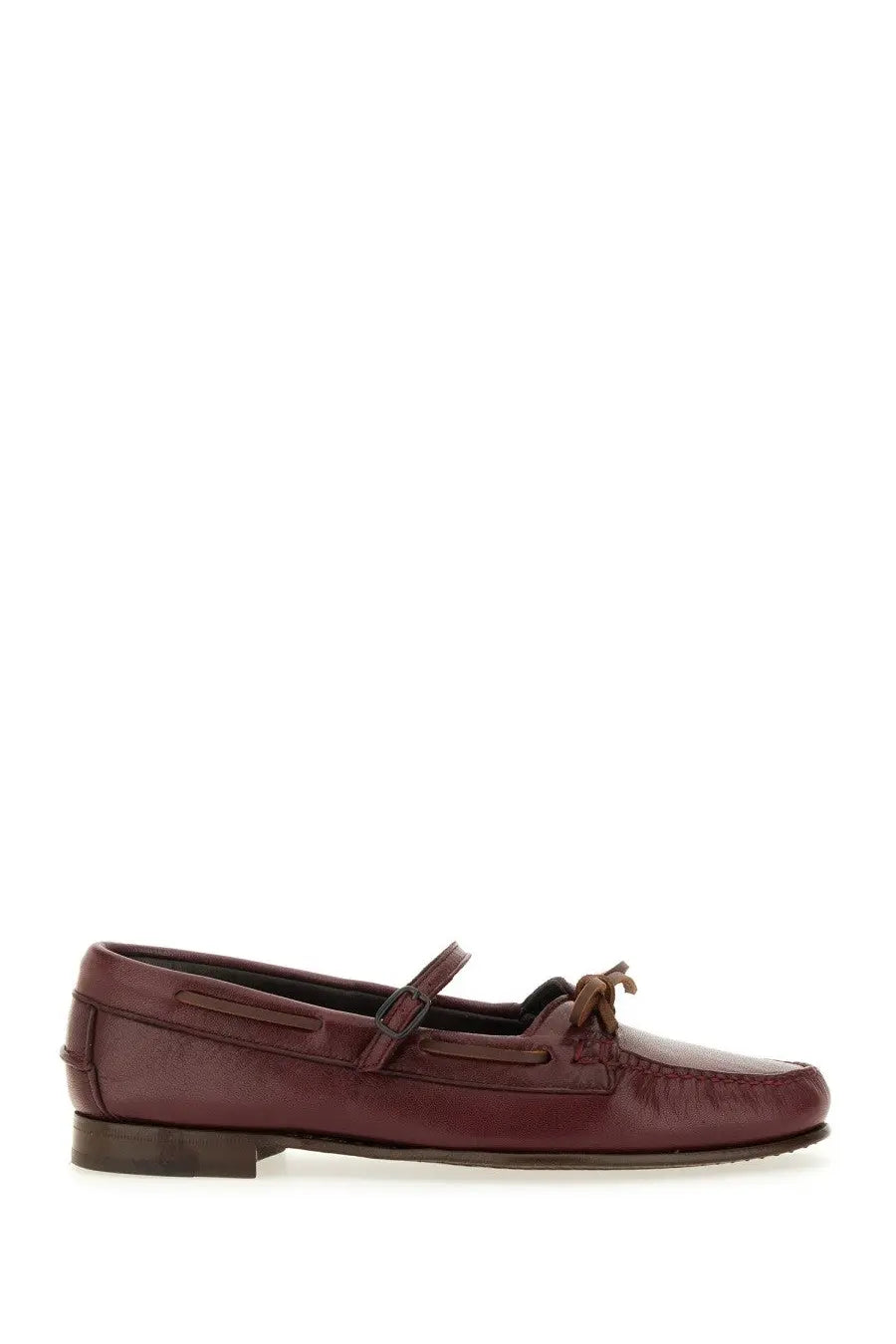 Hereu women’s burgundy leather slip-on moccasin loafer with strap and brown laces supple shiny red