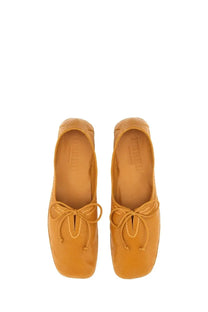 Hereu women’s moccasin Rassa beige tan leather loafers with square toe and matching lace up bow detail