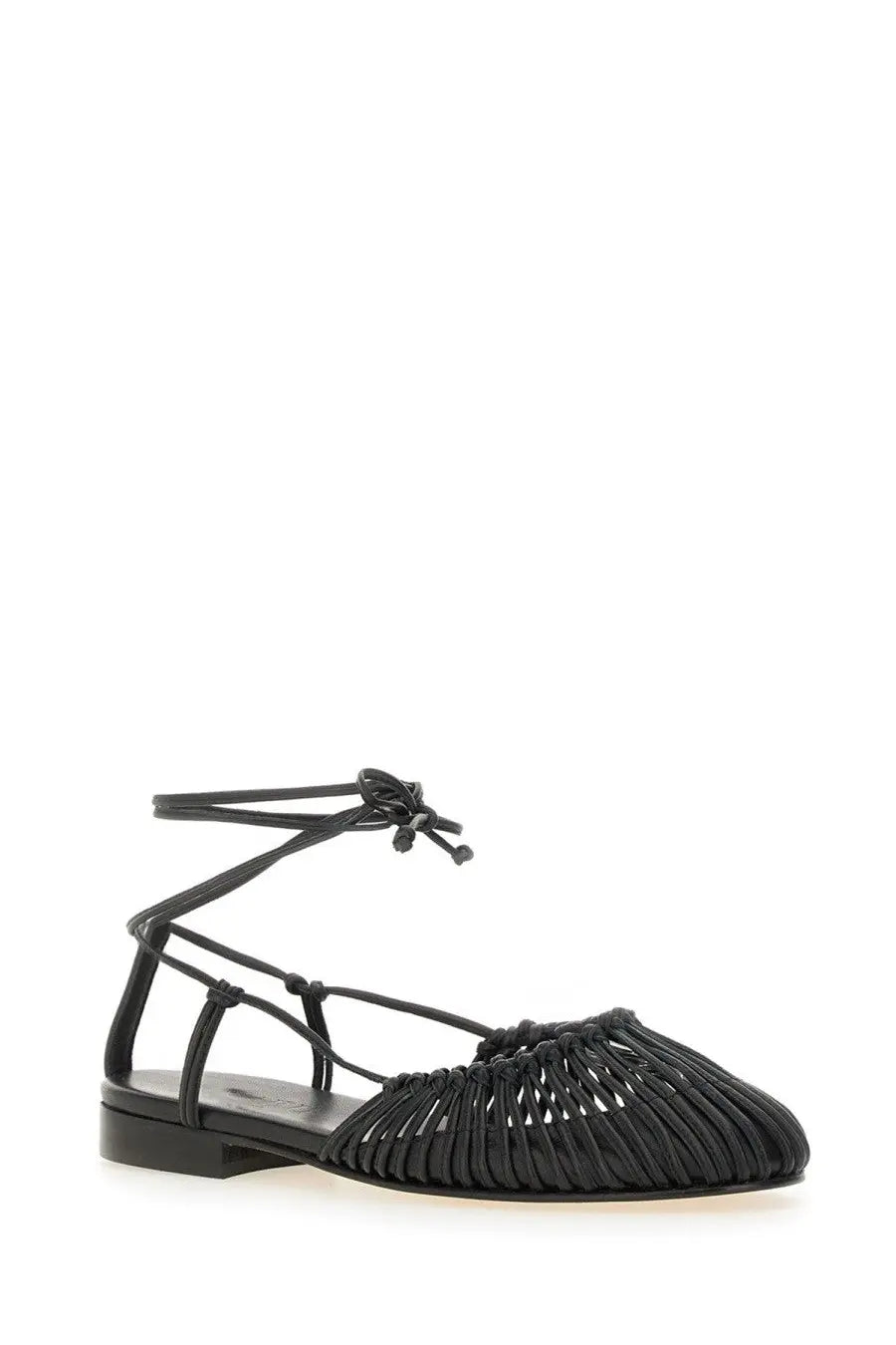 Hereu women’s black leather flat sandal with intricate woven straps and a low heel for casual wear