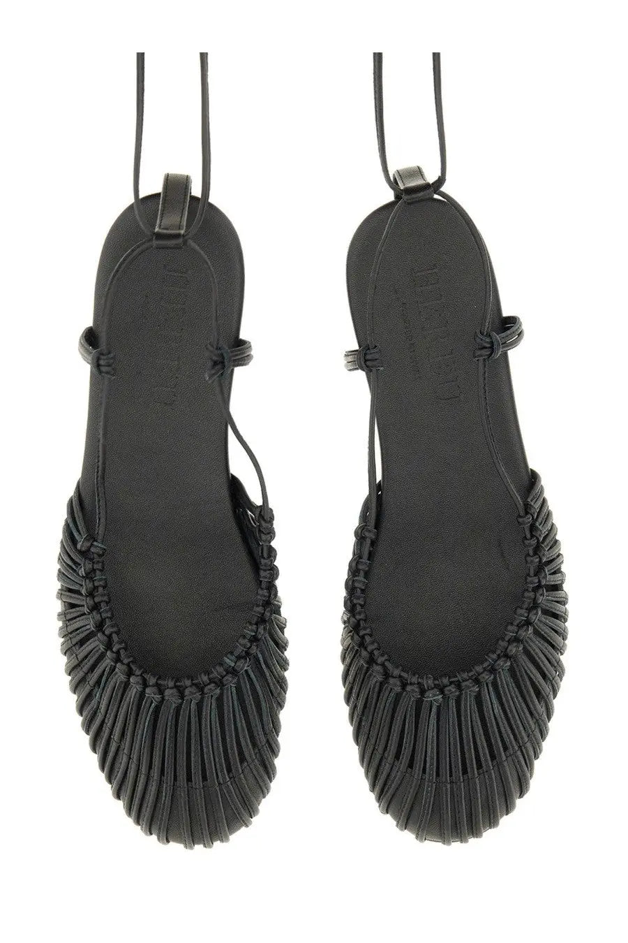Hereu women’s sandal Mantera black woven leather with braided fringed design and adjustable ankle straps