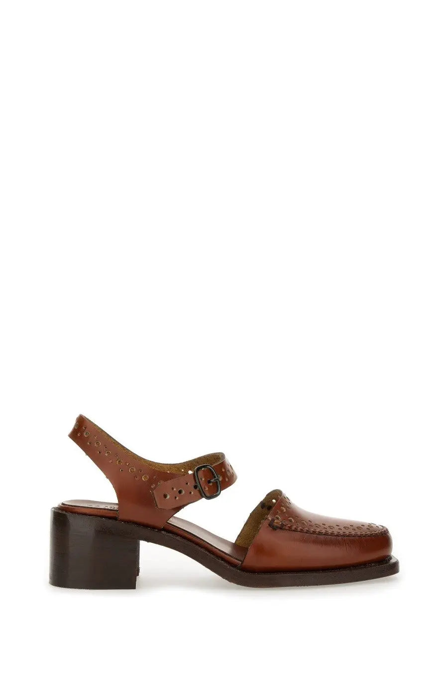 Hereu women’s brown leather sandal moccasin with block heel and decorative perforated detailing