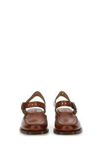 Hereu women’s brown leather mary jane sandal moccasin with perforated detailing and buckle strap