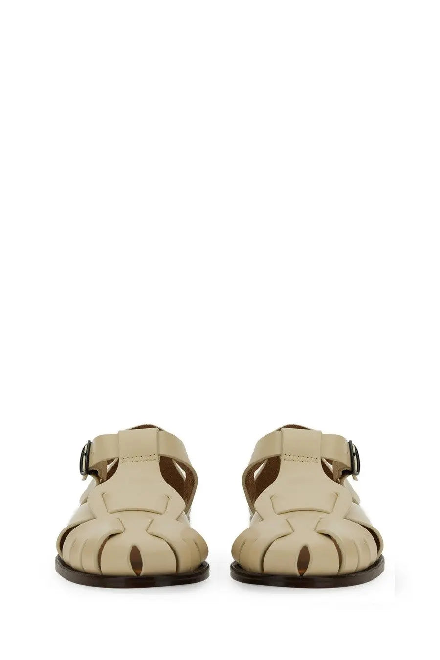 Hereu women’s sandal in peach beige leather with woven design and dark brown sole perfect for casual wear