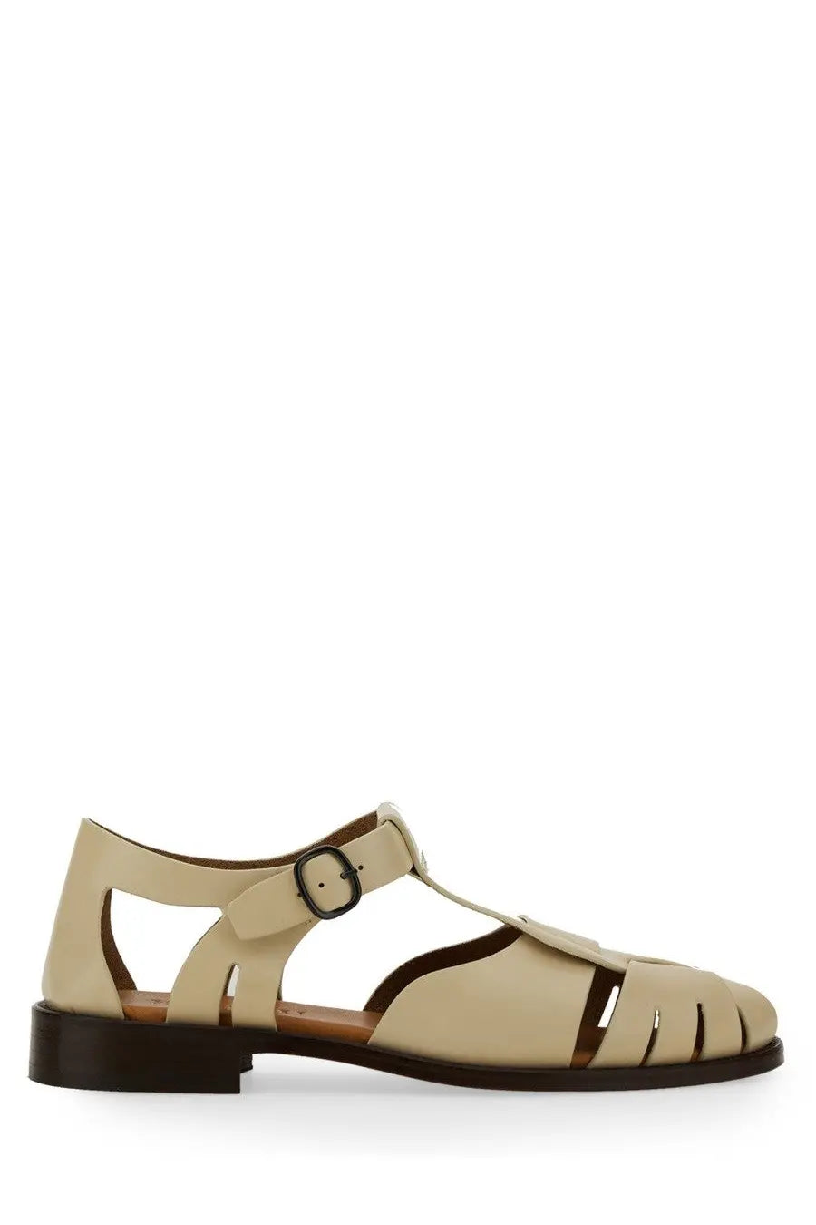 Hereu women’s peach beige leather sandal with t-strap buckle and cut-out detailing on the toe