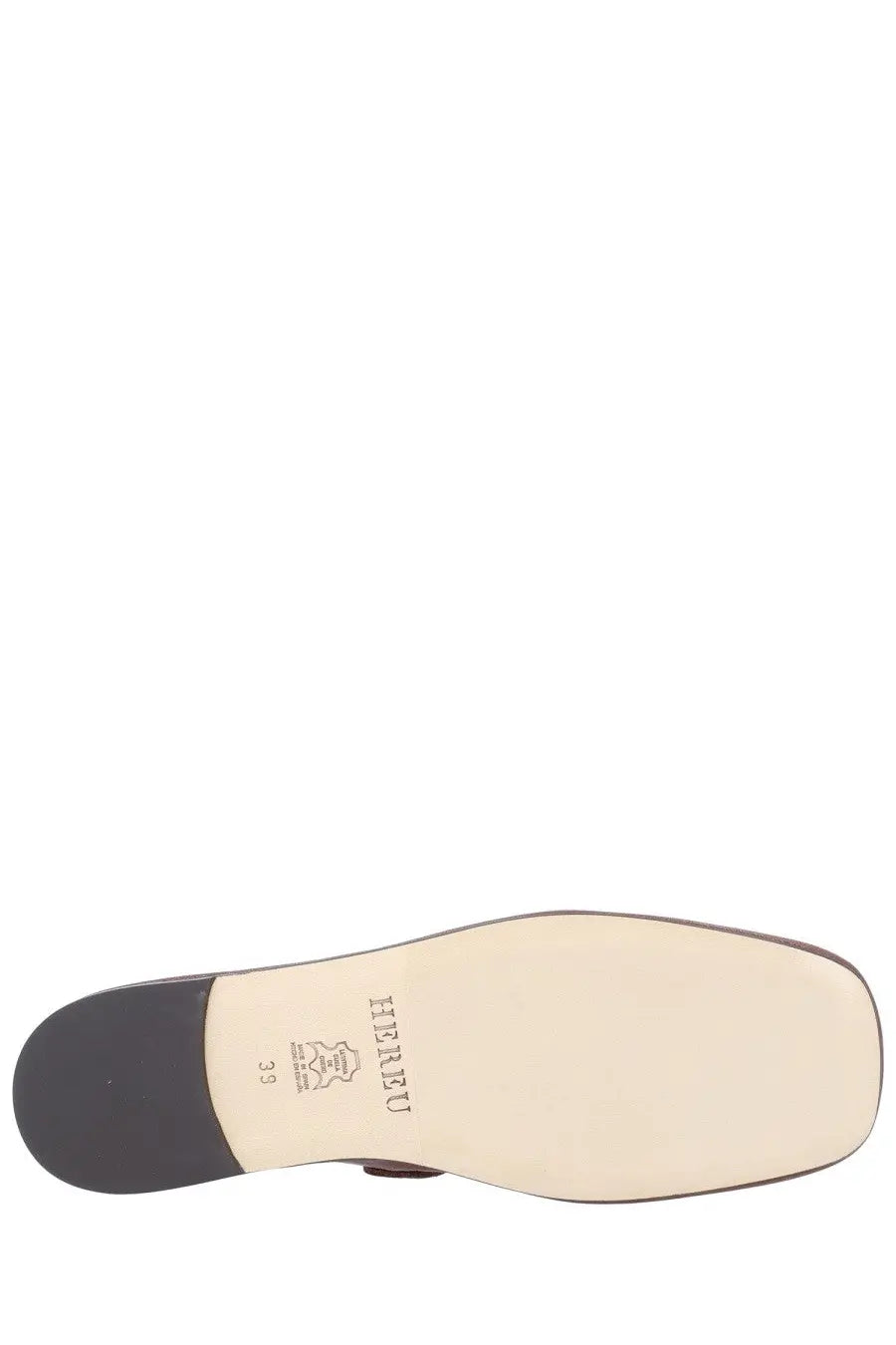Hereu women’s llasada brown shoe showing beige leather sole with black rubber heel and kenzo branding on back side