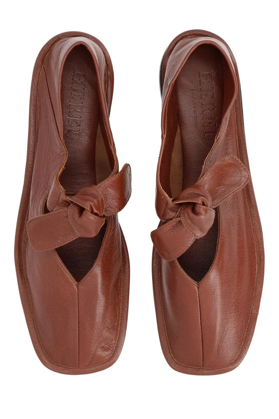 Hereu women’s brown leather loafers with square toe and tied bow detail on front