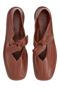 Hereu women’s brown leather loafers with square toe and tied bow detail on front