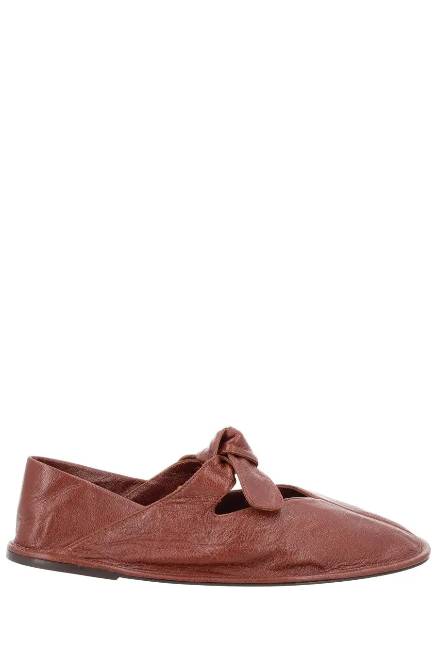 Hereu women’s brown leather slip-on flat shoe with tied bow detail at the front for casual wear