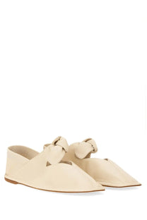 Hereu women’s cream-colored suede loafers with soft knotted strap detail across the instep in white