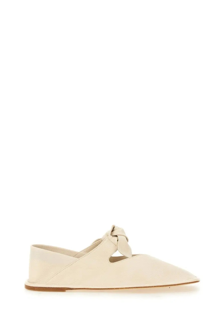 Hereu women’s cream-colored suede mule shoe with tied bow detail at the vamp in white llasada style