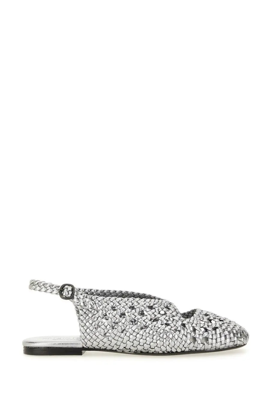 Hereu women’s slingback sandal in metallic silver woven leather with braided strap and metallic buckle detail