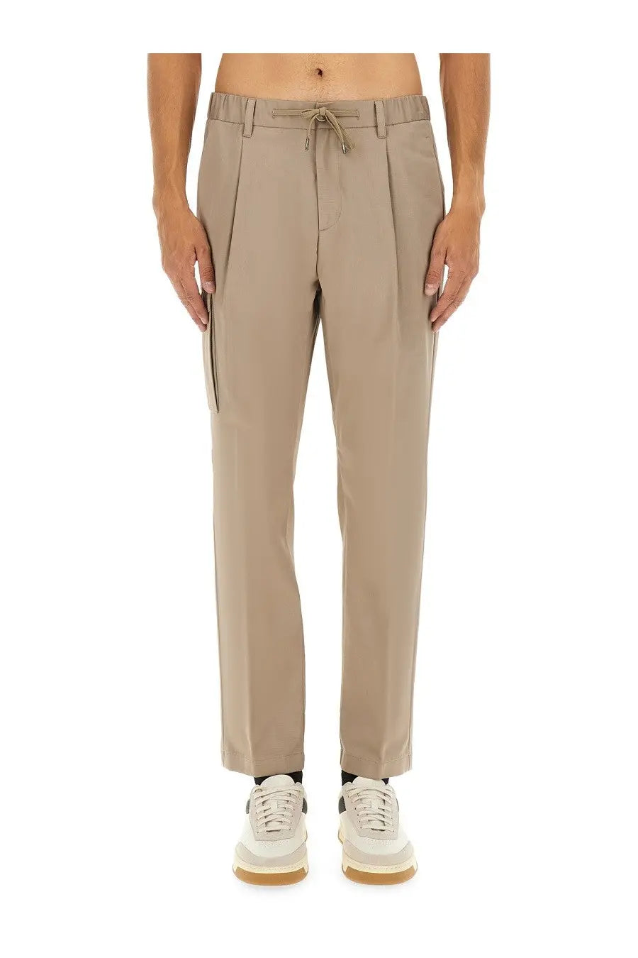 Herno men’s cargo pants in resort beige with pleated design drawstring waistband and functional side pockets