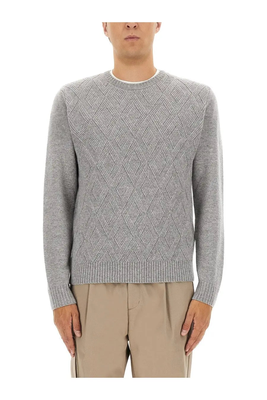 Herno men’s cashmere sweater grey heather with diamond-patterned knit and ribbed cuffs in crewneck style