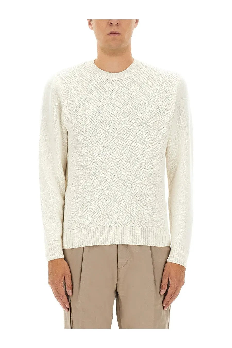 Cream-colored herno men’s cashmere sweater with diamond-patterned textured front and ribbed cuffs
