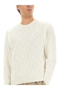 Herno men’s cashmere sweater white cream-colored knit with diamond-patterned texture and ribbed cuffs on the front