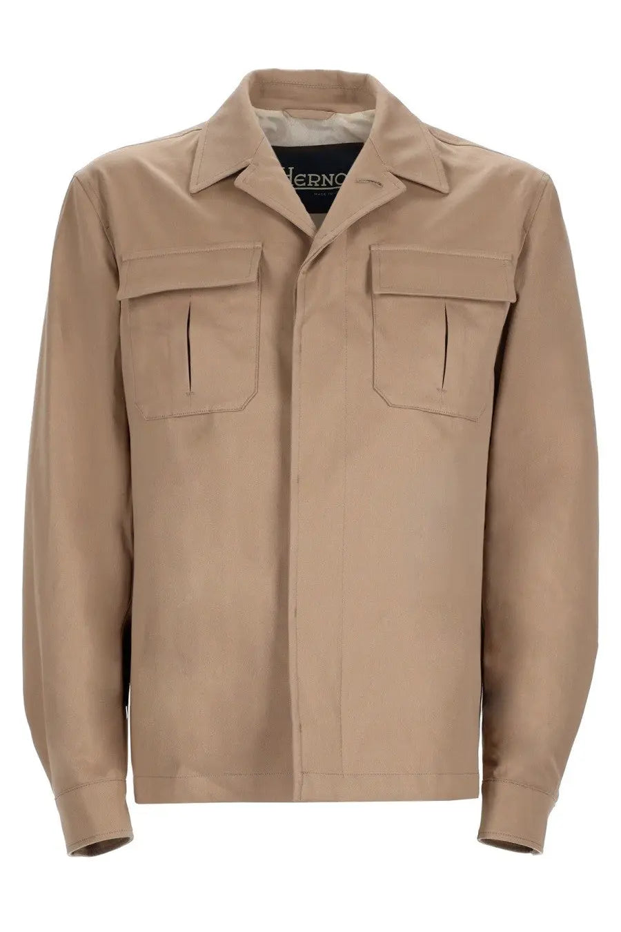 Beige herno men’s long-sleeved work jacket with collar and two flap pockets for versatile outerwear use