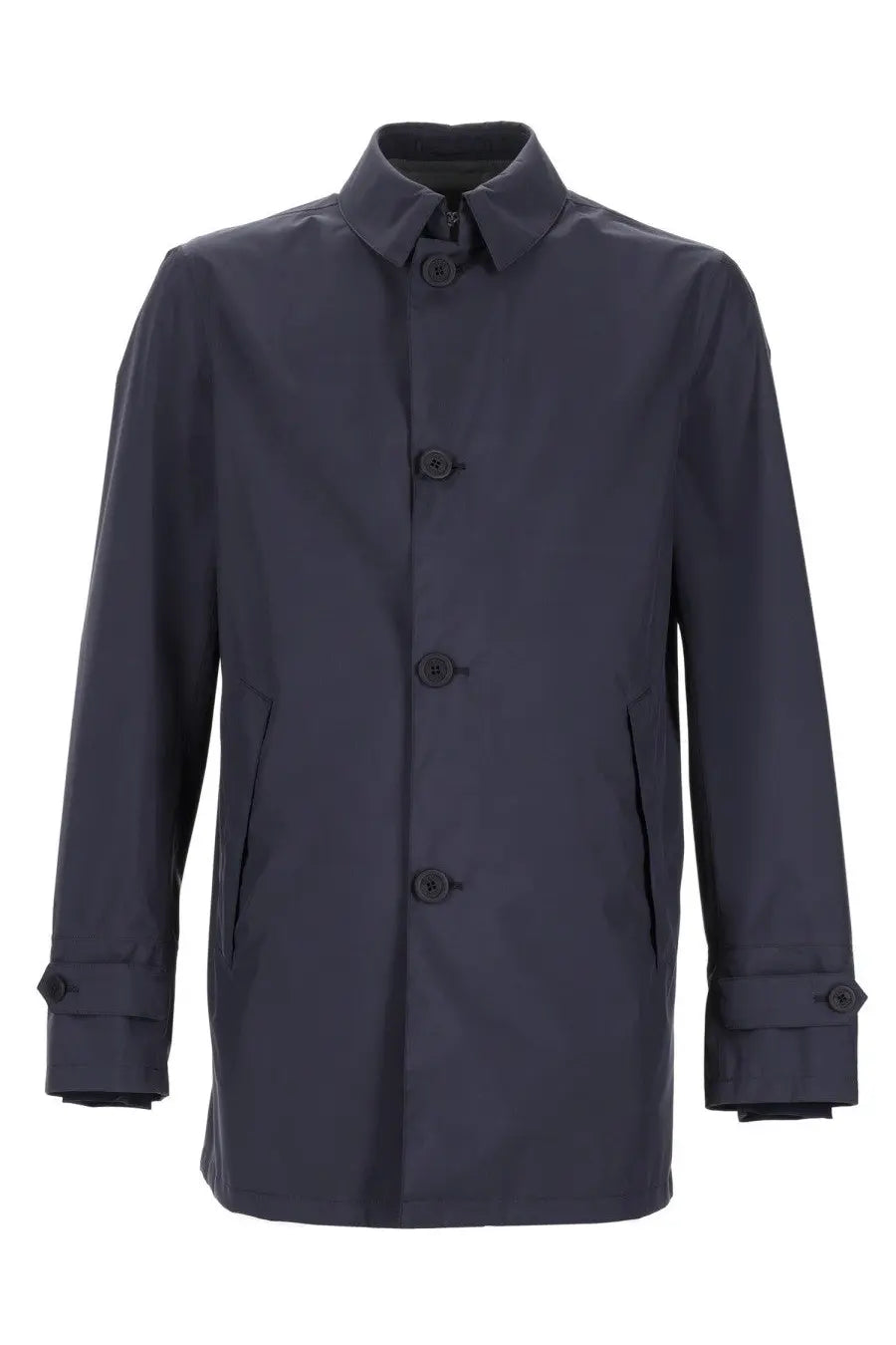 Dark navy blue waterproof trench coat by herno with classic collar button closures and adjustable cuffs