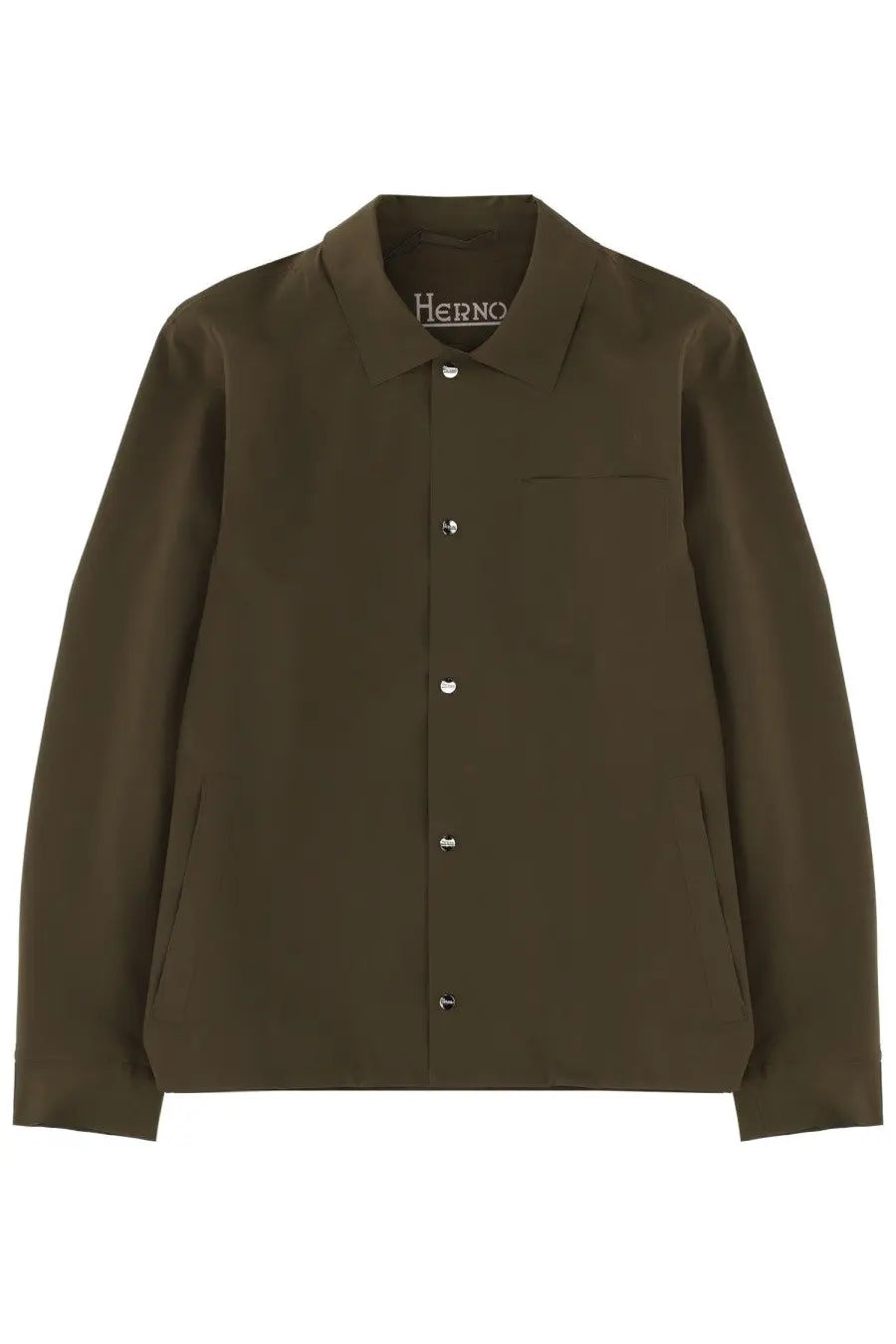 Herno men’s overshirt green olive green button-up shirt with classic collar and silver buttons in lightweight fabric