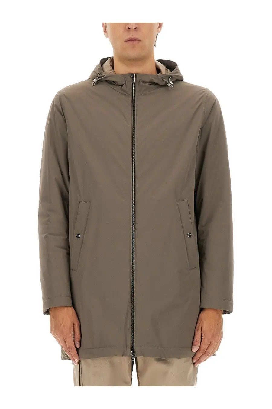 Herno men’s parka resort beige in sleek olive green with hood full zipper two pockets lightweight water-resistant fabric