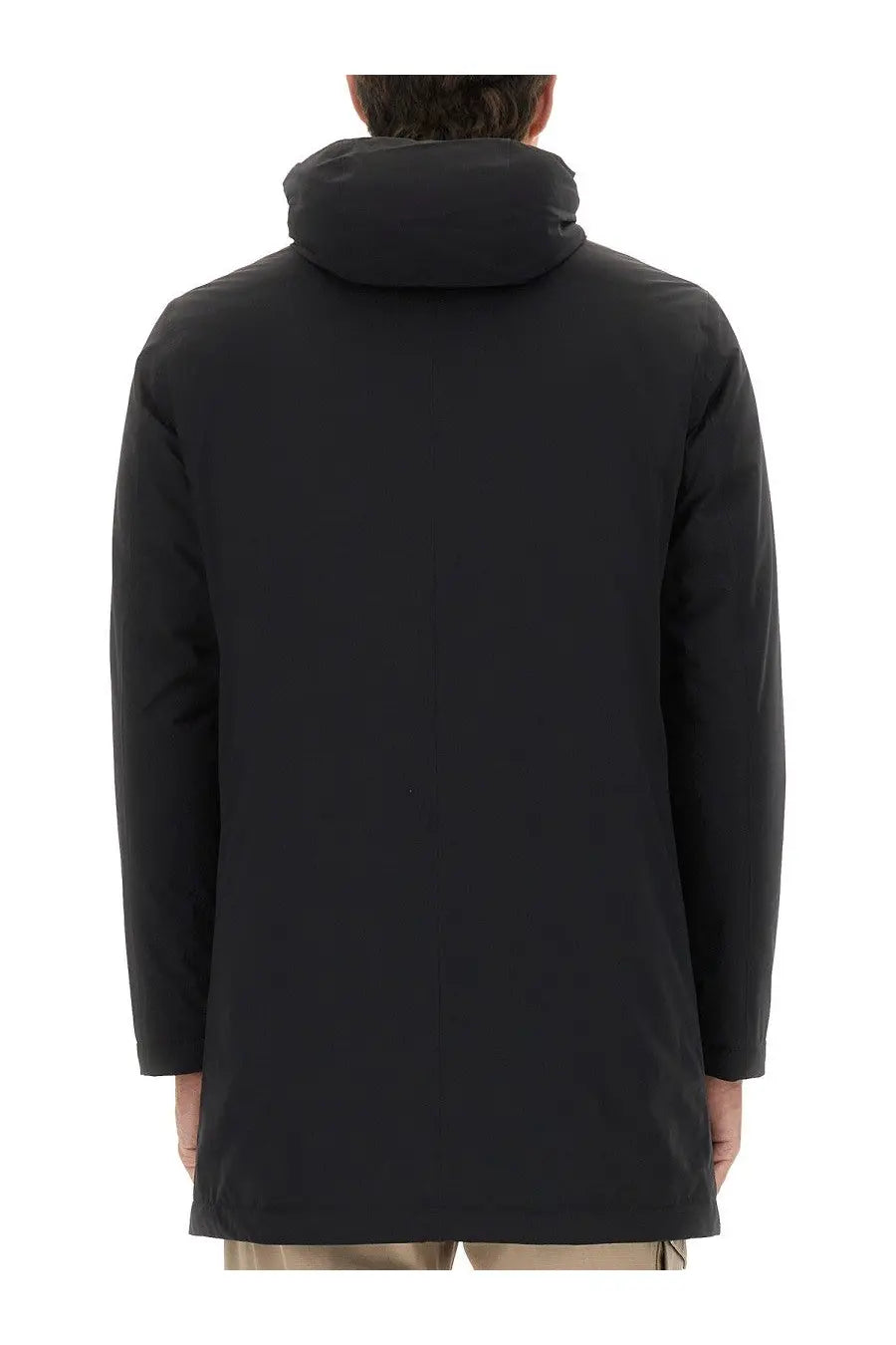 Black hooded coat by herno with sleek minimalist design ideal for men’s parka resort wear in black color