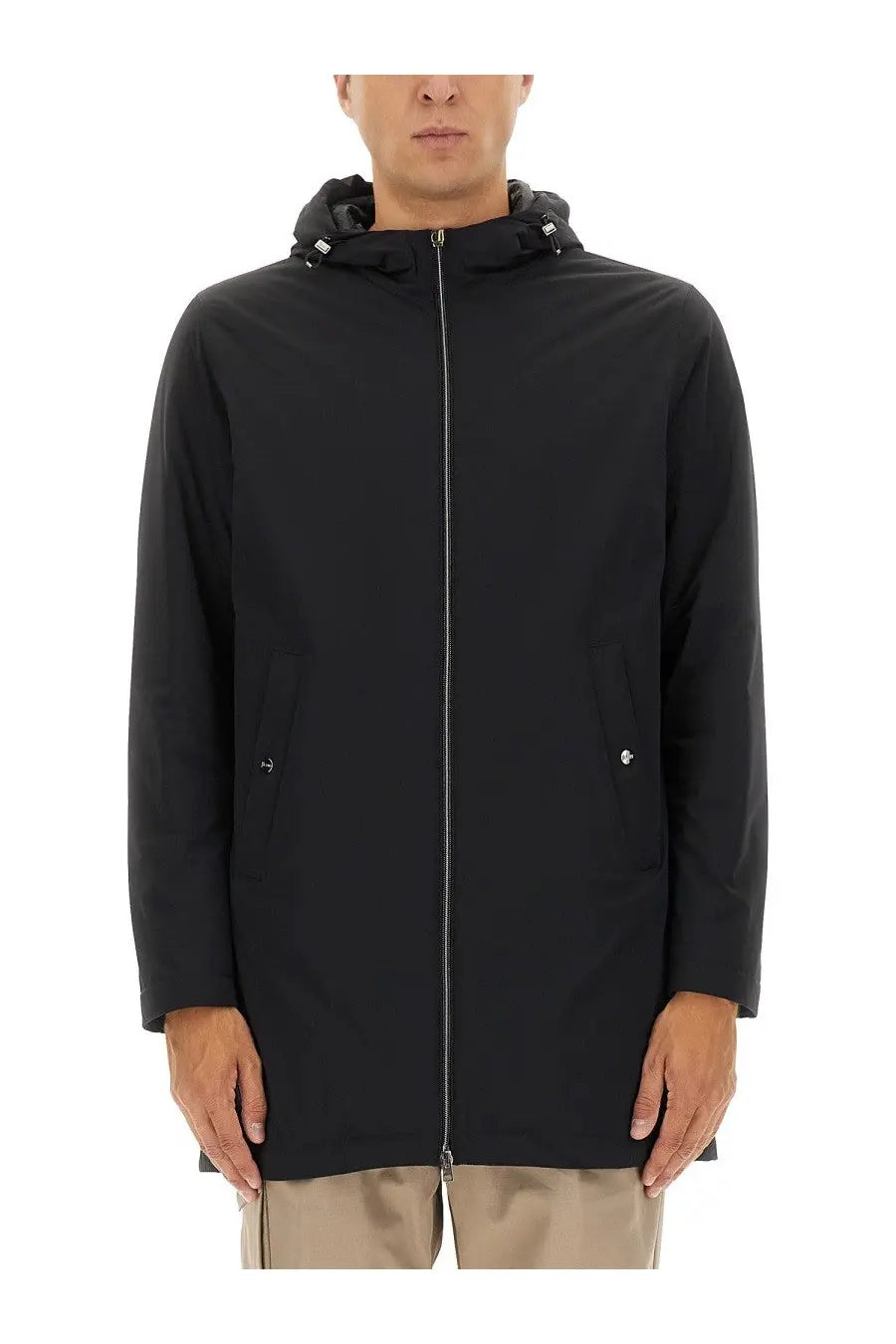 Herno men’s parka resort black hooded trench coat with sleek minimalist design and subtle silver zipper accents
