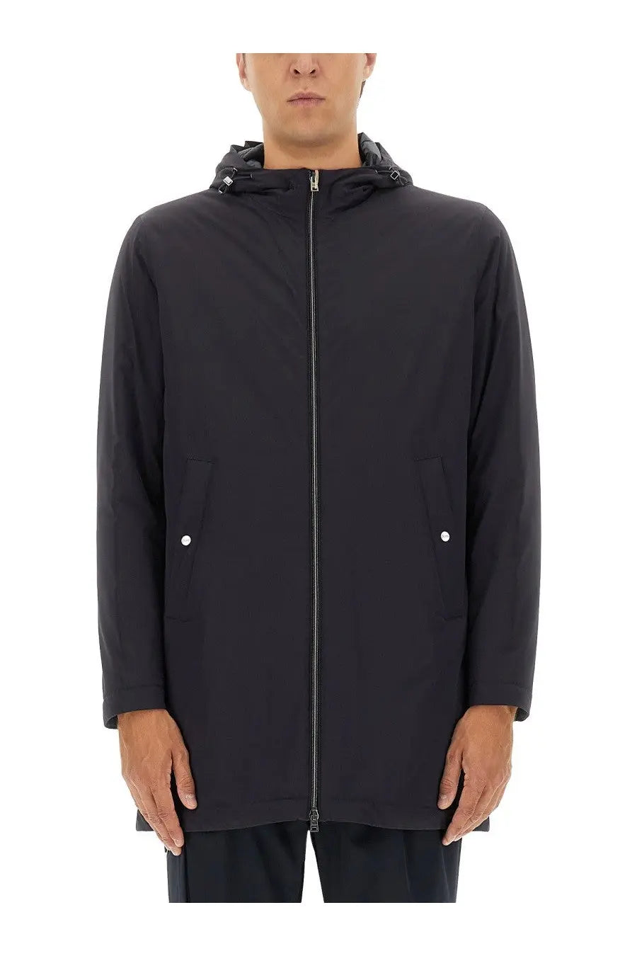 Herno men’s parka resort blue black hooded trench coat with full-length zipper and silver button pockets