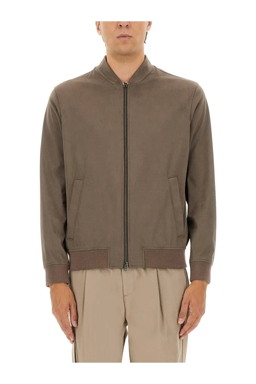 Herno men’s resort bomber jacket in suede alternatives brown features a sleek olive green matte finish with ribbed cuffs