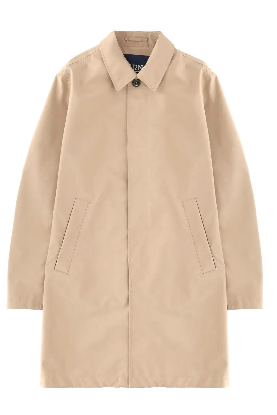 Herno men’s beige waterproof trench coat with classic collar and two slanted pockets in durable fabric