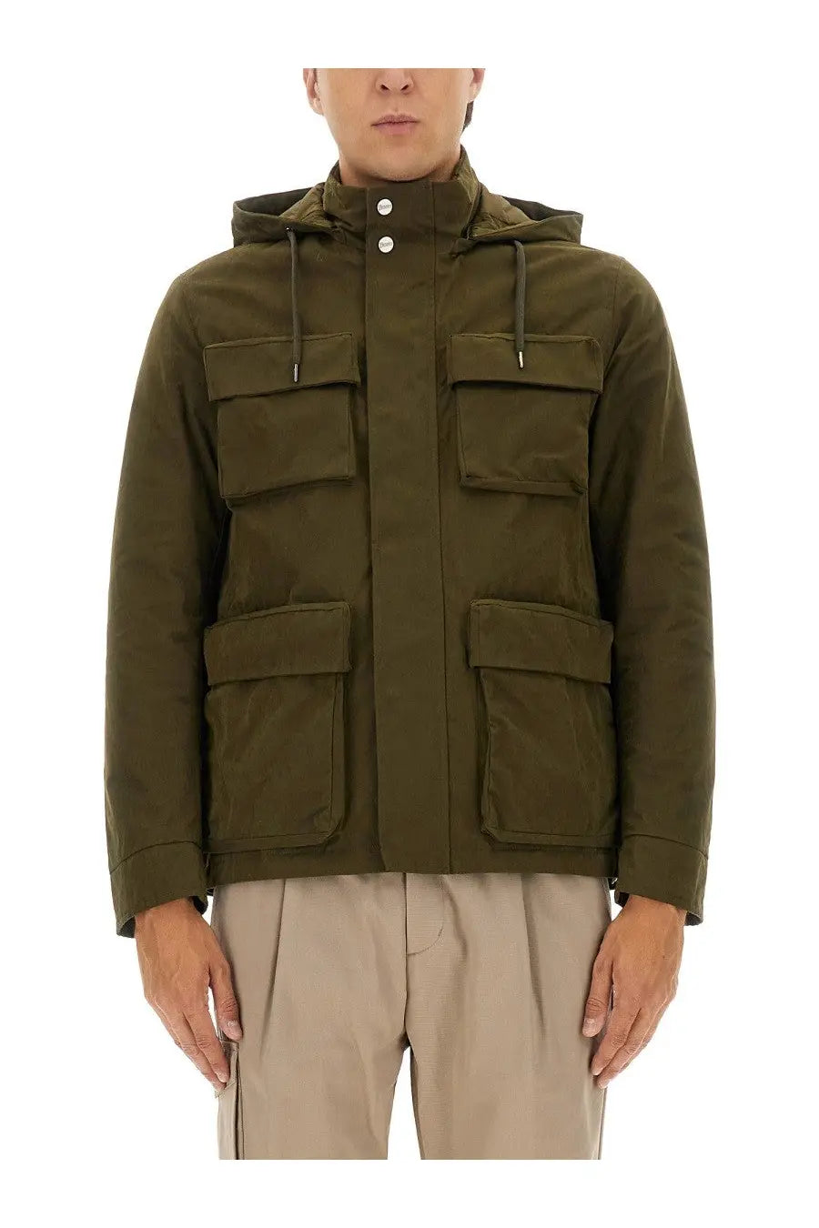 Herno men’s waxed cotton short parka green with olive green hooded field jacket featuring four flap pockets and silver buttons