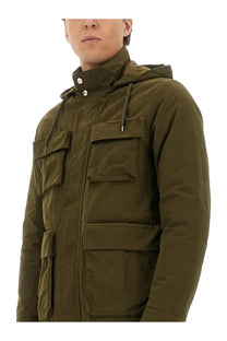 Herno men’s waxed cotton short parka green olive green hooded jacket with multiple flap pockets and drawstring hood