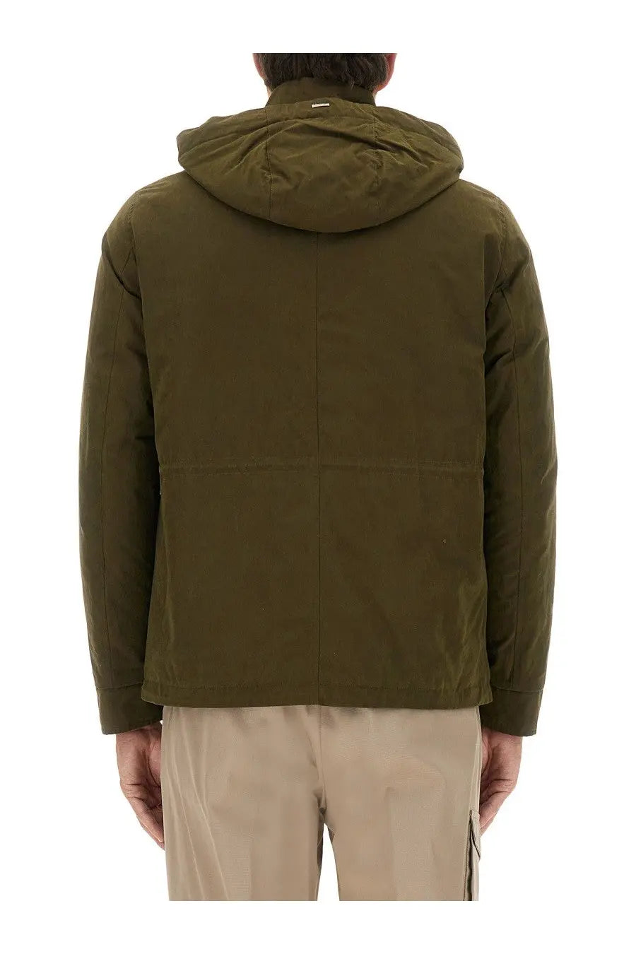 Herno men’s green waxed cotton short parka with olive green quilted hooded jacket and subtle stitching details
