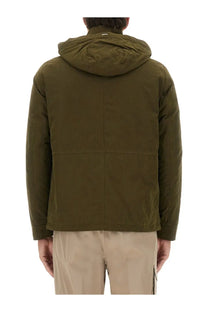 Herno men’s green waxed cotton short parka with olive green quilted hooded jacket and subtle stitching details
